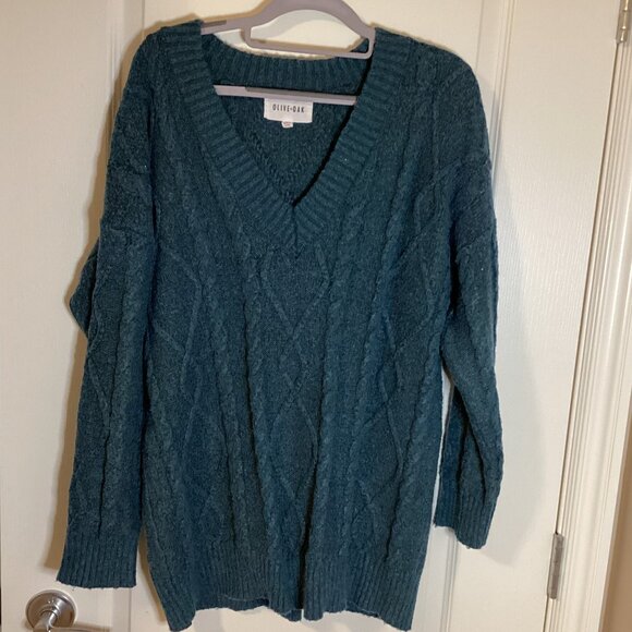 Olive + Oak Men's Cable Knit Sweater Size L / XL Stretchy Grandad Style V-Neck - Picture 1 of 6